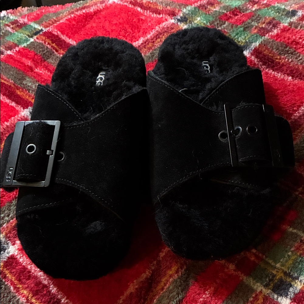 UGG Black Suede Fuzzy Slides